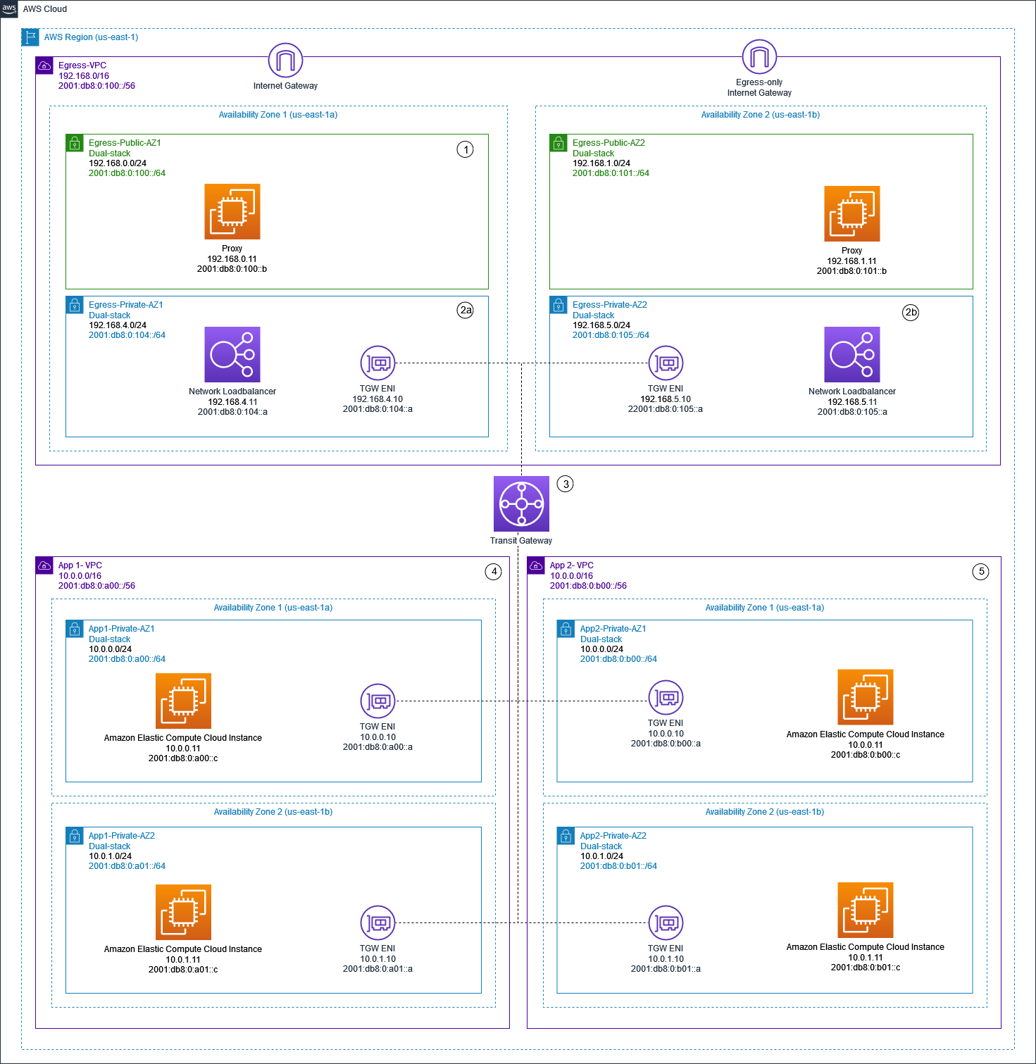 Ein Diagramm, das zentralisierte Instanzen IPv4 und ausgehende Verbindungen mithilfe von IPv6 Proxyinstanzen und Network Load Balancer darstellt.