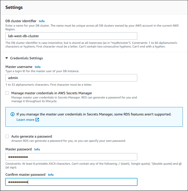 Captura de pantalla de las opciones de configuración al crear una base de datos global.