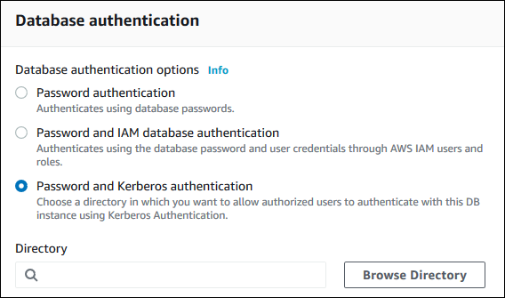 Configuración de autenticación Kerberos al crear una instancia de base de datos