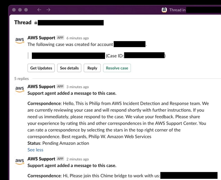 Correspondencia de detección y respuesta a incidentes en Slack.