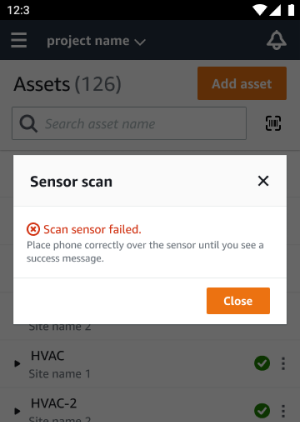 Cuadro de diálogo que muestra un mensaje de error en el sensor de escaneo con el botón Cerrar.