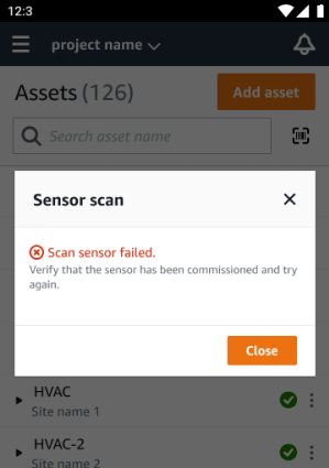 Diálogo de error al escanear el sensor con un mensaje de error y un botón de cierre.
