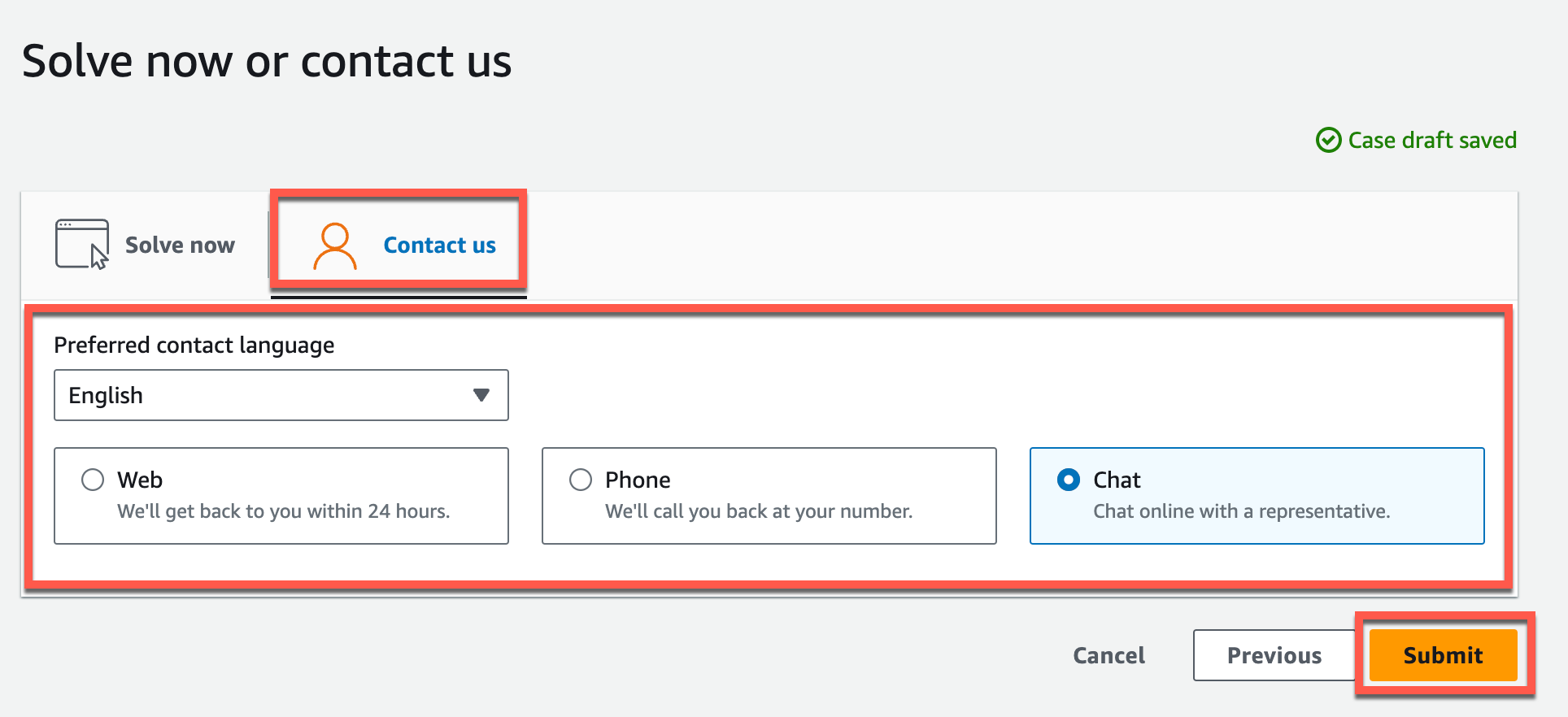 Opciones de contacto con selección de idioma y opciones de comunicación por Internet, teléfono o chat.