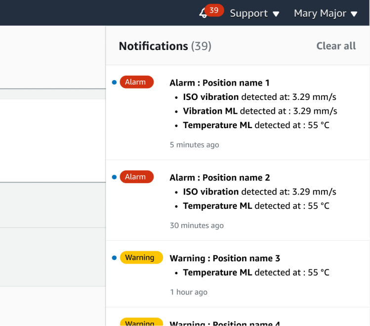 Panel de notificaciones que muestra las alarmas y advertencias de las posiciones con alertas de vibración y temperatura.