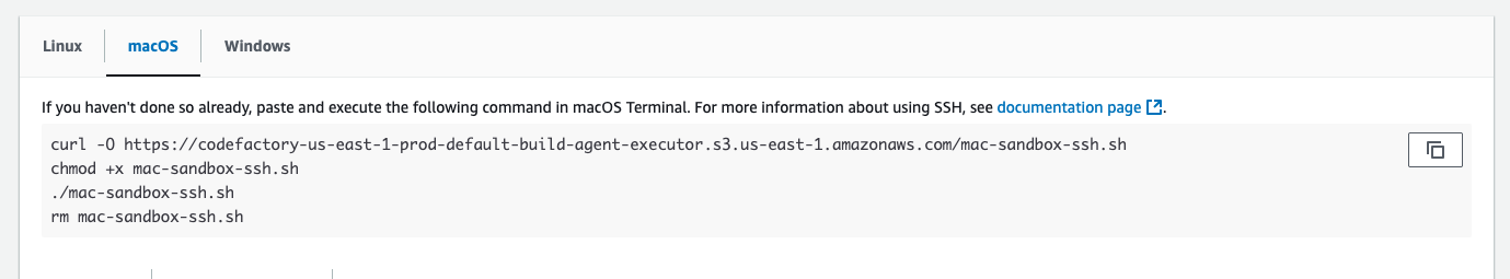 Los comandos de macOS para la conexión SSH al CodeBuild sandbox de la consola.