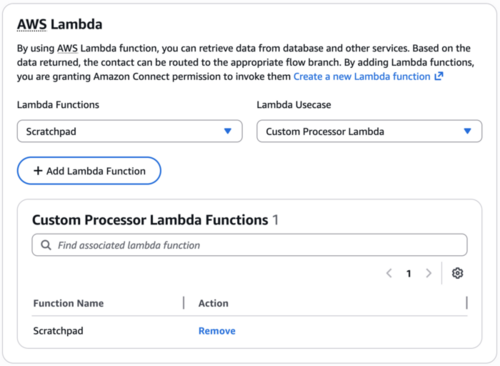 La sección Lambda de la consola de Amazon Connect que muestra la selección de casos de uso del procesador Lambda personalizado.