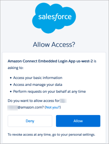 La página de inicio de sesión de Salesforce, la solicitud para permitir acceso.