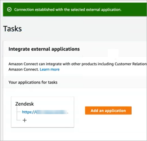 La página de tareas que muestra la nueva conexión con Zendesk.