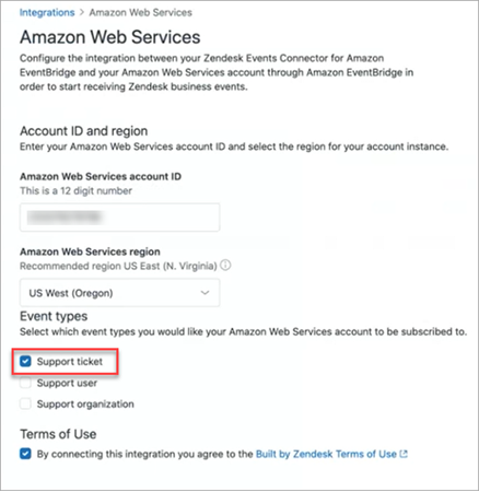 La página Amazon Web Services, la opción de ticket de asistencia.