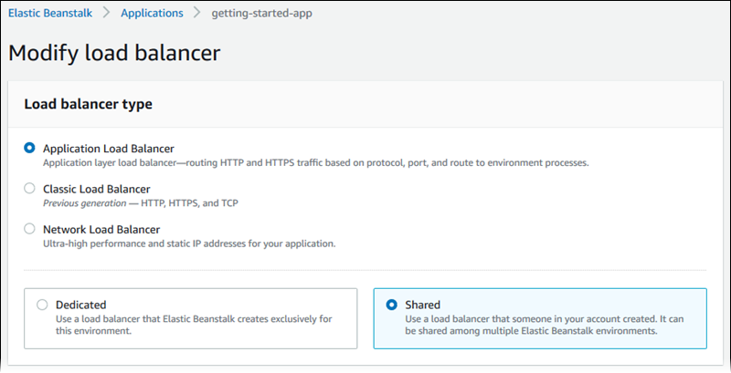 Página de configuración de Elastic Load Balancing: elección del tipo de equilibrador de carga