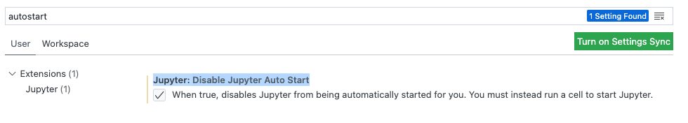 La captura de pantalla muestra la casilla de verificación habilitada para la extensión de Jupyter en VS Code.