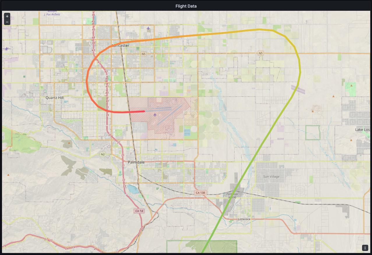 Imagen que muestra un ejemplo de una capa de ruta con la visualización de un geomapa en Grafana.