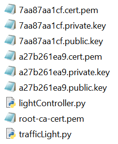 Captura de pantalla de los archivos, incluidos los dos scripts Python y los certificados y claves del dispositivo.