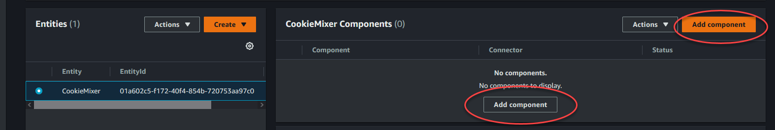 Una página de la consola de TwinMaker Entidades que muestra el botón Añadir componente.