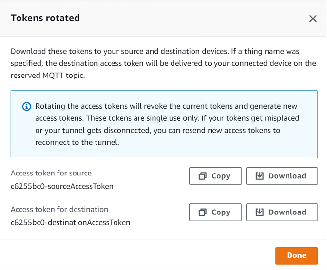 Tokens de acceso para dispositivos de origen y destino con opciones para copiarlos o descargarlos. El texto explica que al rotar los tokens se revocan los tokens actuales y se generan nuevos de un solo uso para volver a conectar un túnel desconectado.