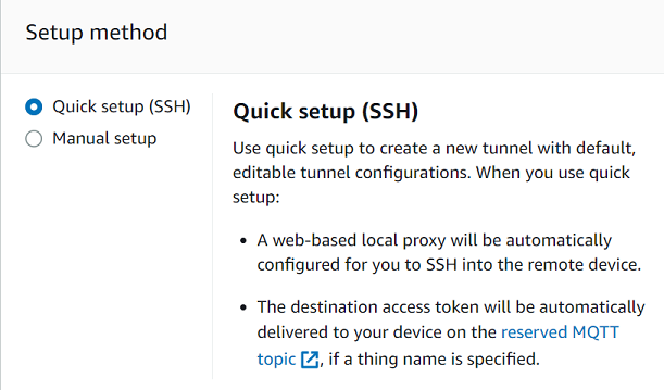 Sección de métodos de configuración con opciones para una configuración rápida mediante SSH o una configuración manual, en la que se explica cómo la configuración rápida define automáticamente el proxy y el token de acceso.