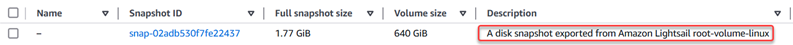 Instantáneas de EBS en la consola de Amazon EC2.