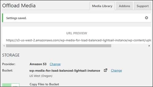 Configuración del complemento WP Offload Media.