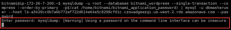 Solicitud de contraseña para transferir la WordPress base de datos a una base de datos gestionada por MySQL en Lightsail.