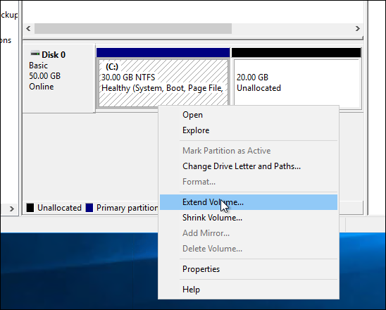 Ampliar el volumen en la administración de discos de Windows