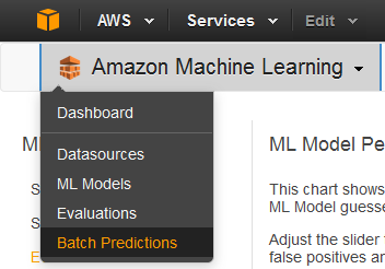 Amazon Machine Learning menú ampliado que muestra las opciones Dashboard, Datasources, ML Models, Evaluations y Batch Predictions.