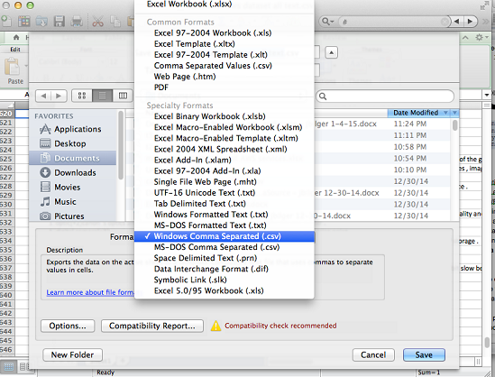 Save dialog showing Windows Comma Separated format selected from file format dropdown menu.