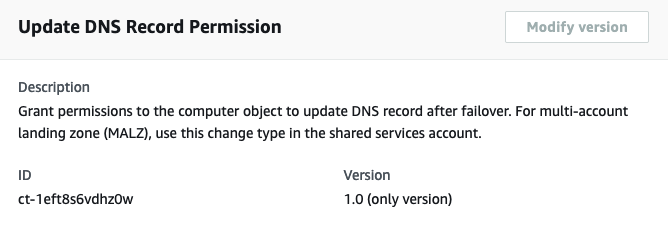 Actualice la interfaz de permisos de registro de DNS con la descripción, el identificador y los detalles de la versión.