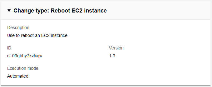 Cambio escriba los detalles para reiniciar una instancia EC2, incluidos el ID y la versión.