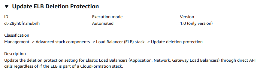 Actualice el tipo de cambio de ELB Deletion Protection con información sobre el ID, el modo de ejecución, la versión y la clasificación.