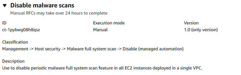 Detalles de configuración para deshabilitar los escaneos de malware en instancias EC2 dentro de una VPC.