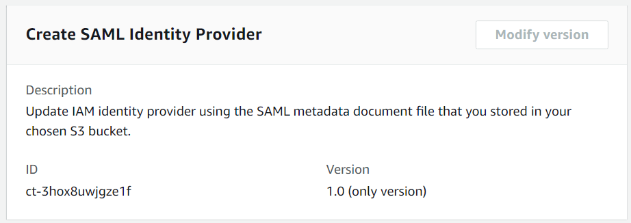Cree una página de proveedor de identidades SAML que muestre el identificador ct-3hox8uwjgze1f y solo la versión 1.0.
