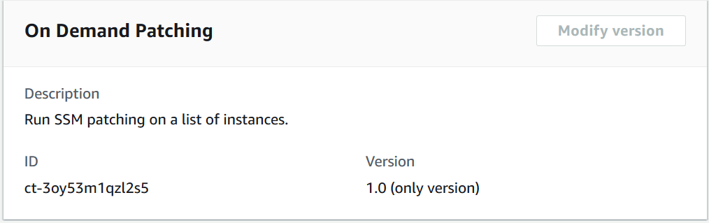 El tipo de cambio de On Demand Patching muestra los campos de descripción, ID y versión de la AMS consola.
