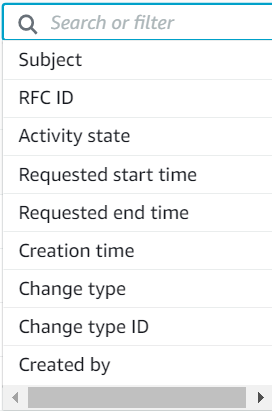 El menú de filtros muestra opciones como el asunto, el ID de RFC, el estado de la actividad y la hora de creación.