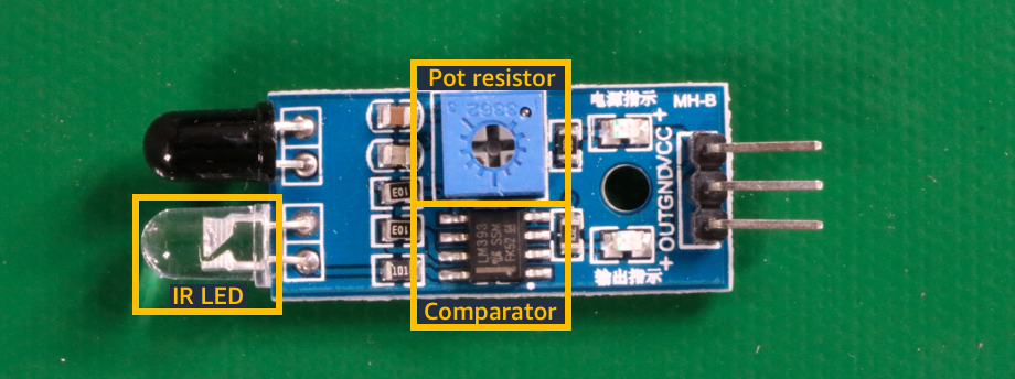 Imagen de componentes que muestra un LED IR, un potenciómetro y un chip comparador en una placa de circuito.