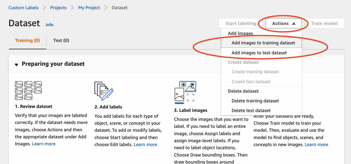 Vista del conjunto de datos que muestra las opciones para añadir imágenes a los conjuntos de datos de entrenamiento y pruebas en el menú Acciones.