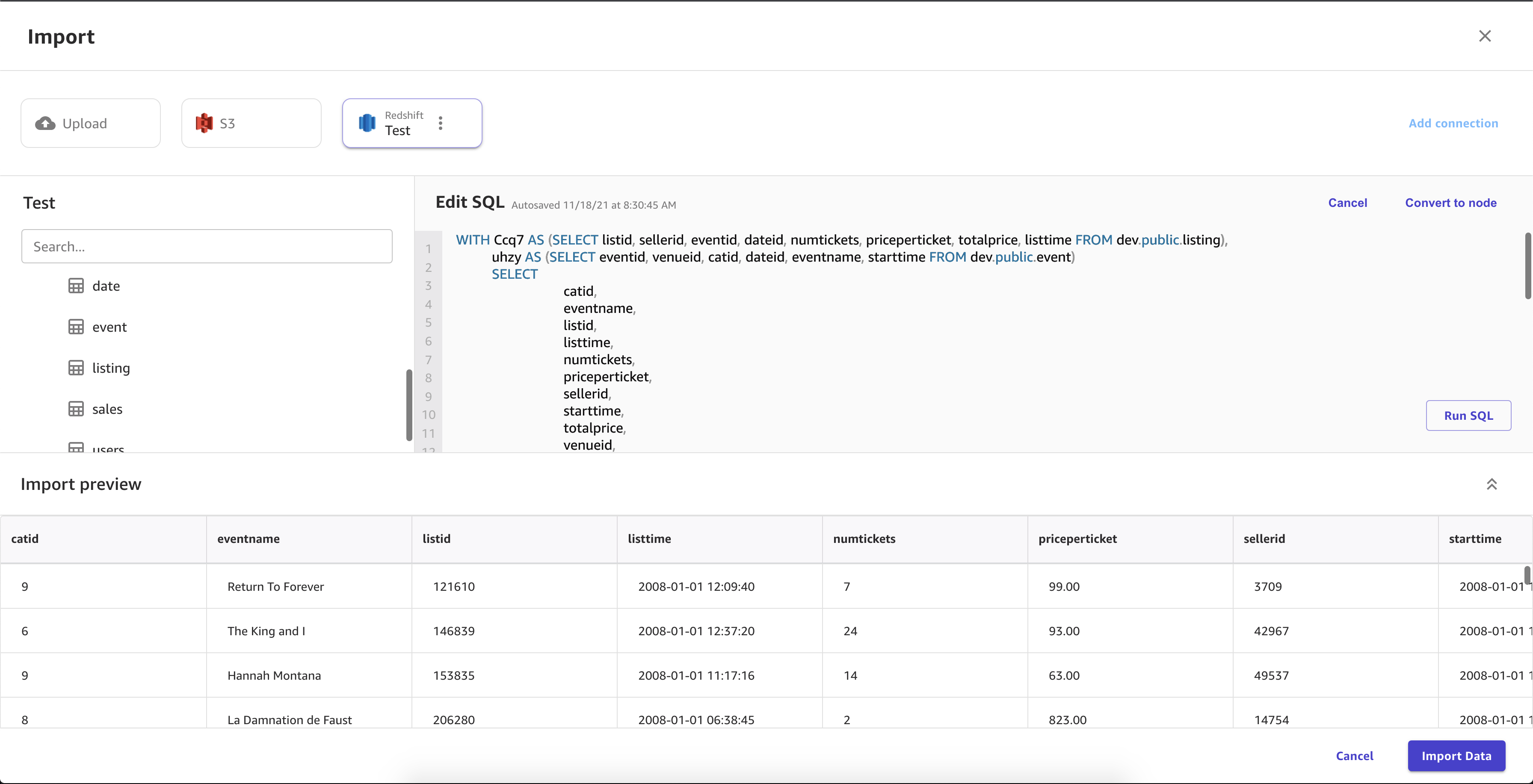 Captura de pantalla de una consulta SQL en el Editor de SQL de la página Importar de Canvas.