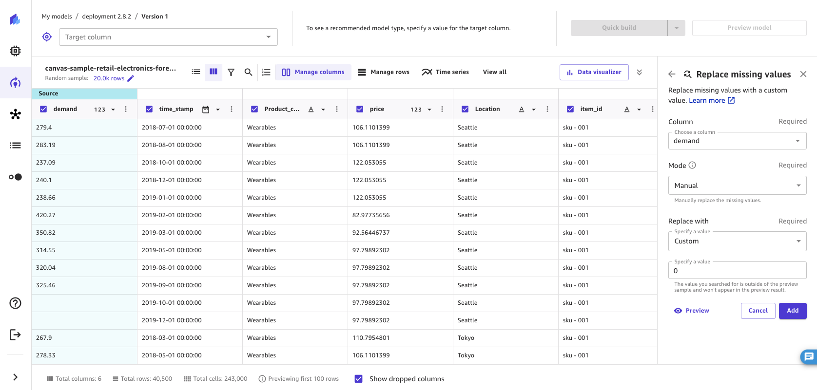 Captura de pantalla de la operación de reemplazar los valores faltantes en la aplicación SageMaker Canvas.