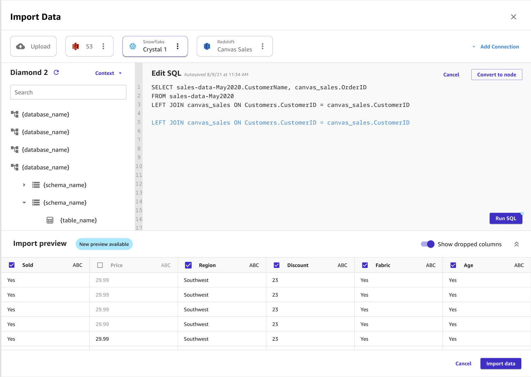 Captura de pantalla de una consulta SQL en el Editor de SQL de la página Importar de Canvas.