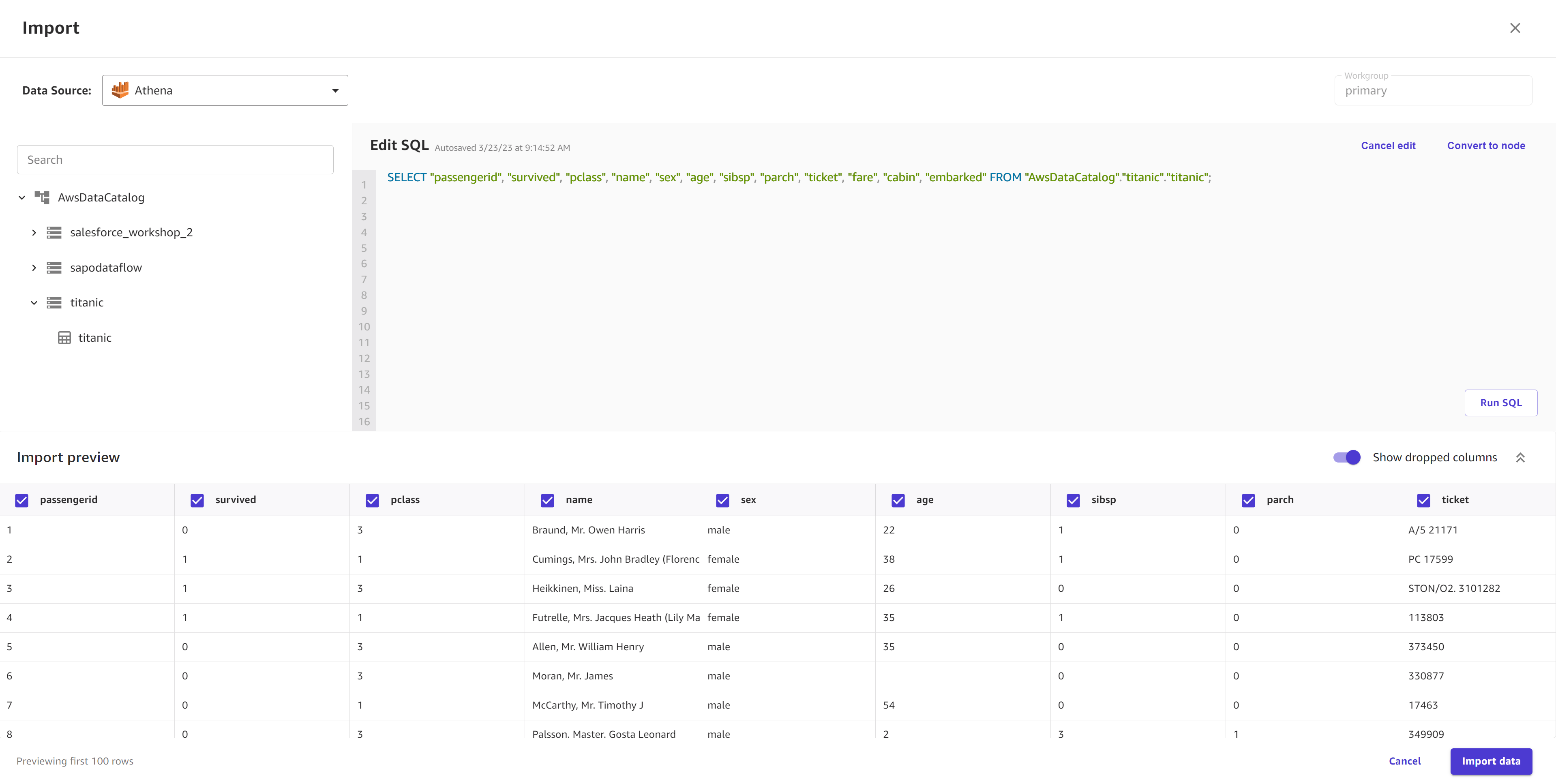 Captura de pantalla que muestra una consulta SQL en la vista Editar SQL para los datos de Amazon Athena.