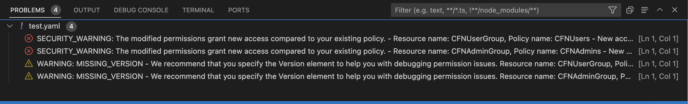 VS Code Panel de problemas que muestra advertencias de seguridad y advertencias de versiones faltantes para CloudFormation los recursos.
