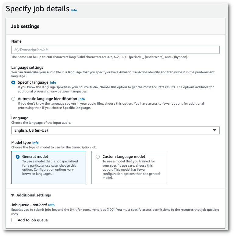 Amazon Transcribe captura de pantalla de la consola: la página «especificar los detalles del trabajo».