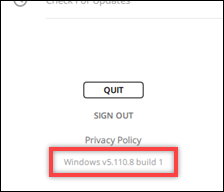 El panel de navegación muestra el botón SALIR, la opción Cerrar sesión, el enlace a la Política de privacidad y el número de versión de Windows 5.110.8, versión 1.