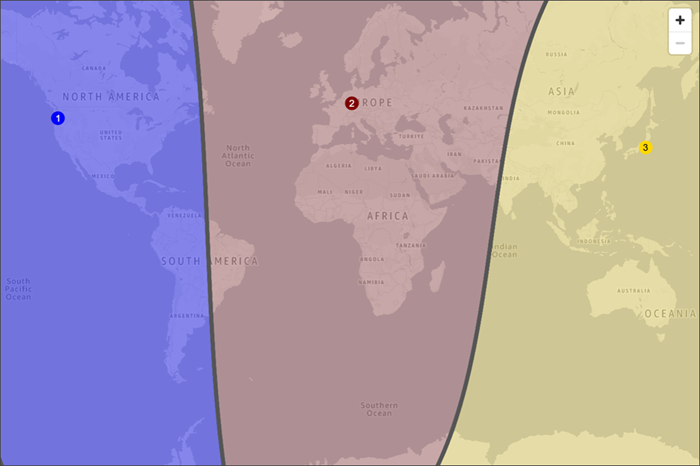 Carte du monde qui affiche trois régions grossièrement divisées en Amérique du Nord et du Sud ; Europe, Afrique et Asie occidentale, ainsi que le reste de l'Asie et l'Australie.