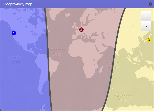 Carte du monde qui affiche trois régions grossièrement divisées en Amérique du Nord et du Sud ; Europe, Afrique et Asie occidentale, ainsi que le reste de l'Asie et l'Australie.