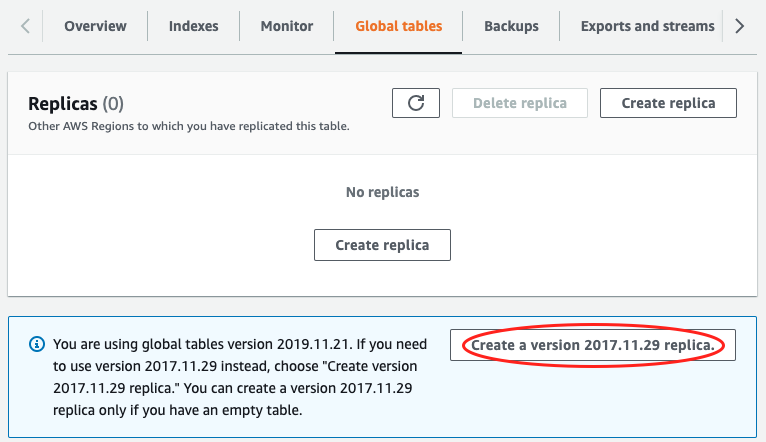 Capture d’écran de la console montrant le bouton Créer un réplica version 2017.11.29 (ancienne).