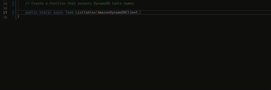 Éditeur de code affichant une signature de fonction de tâche asynchrone statique publique pour la ListTables méthode.