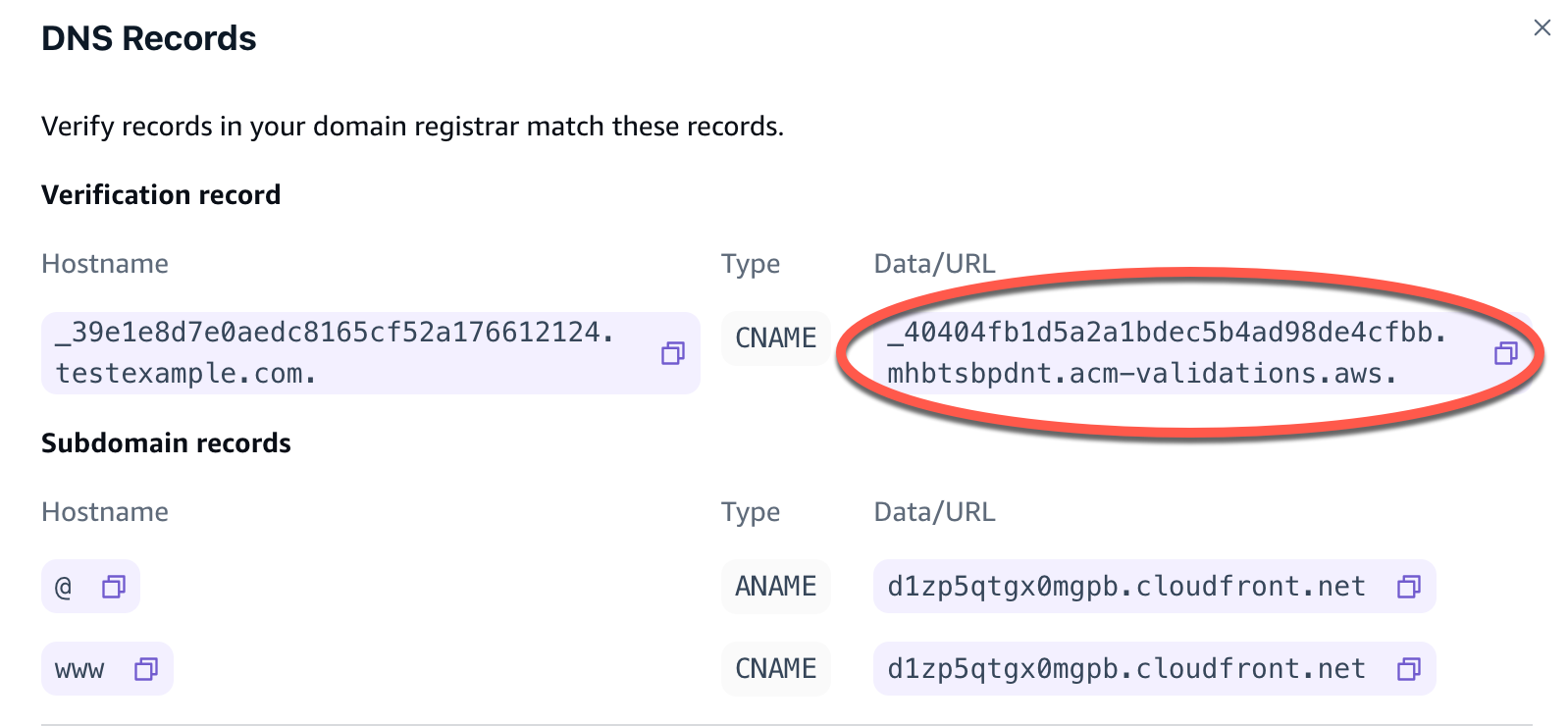 Les enregistrements DNS de la console Amplify, y compris l'enregistrement de vérification ACM.
