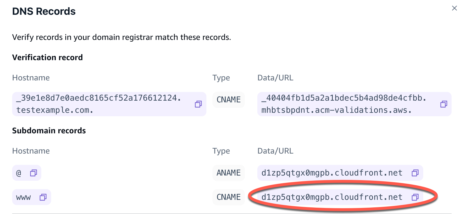 Les enregistrements DNS de la console Amplify, y compris l'enregistrement du nom de domaine.