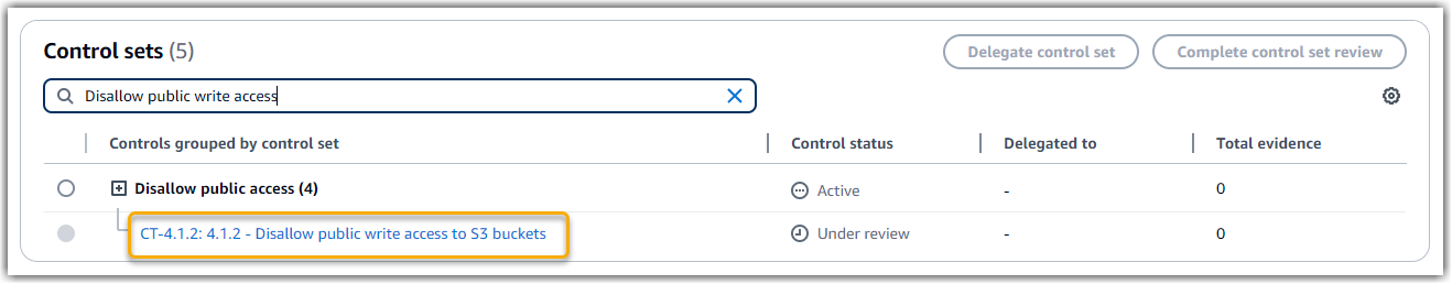 Capture d'écran qui montre le AWS Config contrôle dans une évaluation.