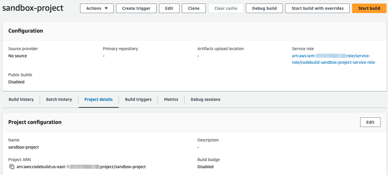 La page détaillée du projet debug build dans la console.